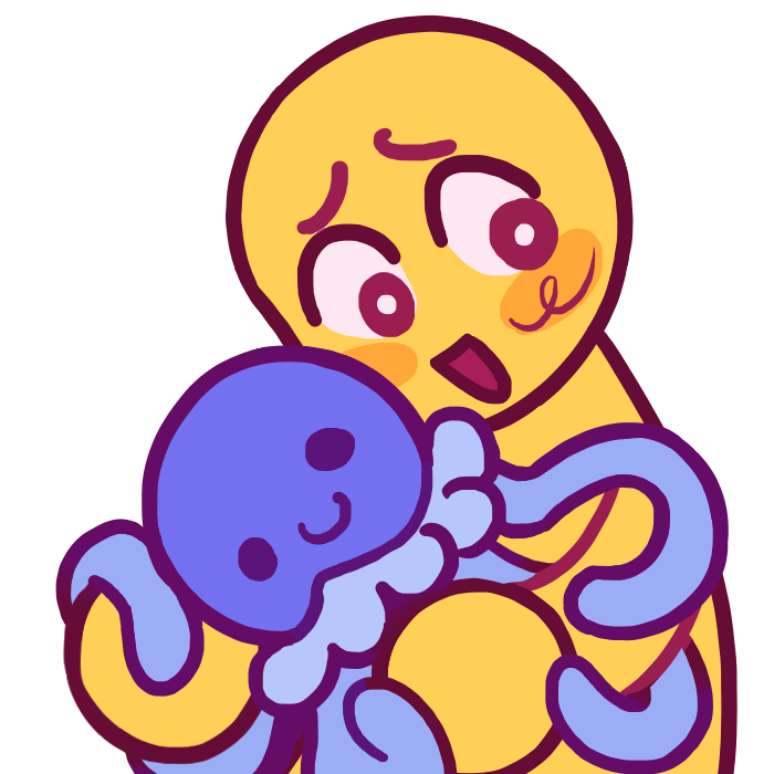  A yellow figure with an open mouth, wide eyes and smile hugging a blue octopus plushie with long tentacles. 